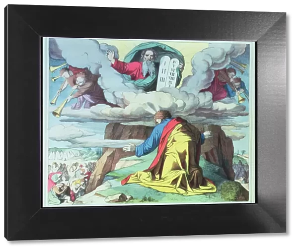 God gives Moses the Ten Commandments on Mount Sinai, engraving, 1860