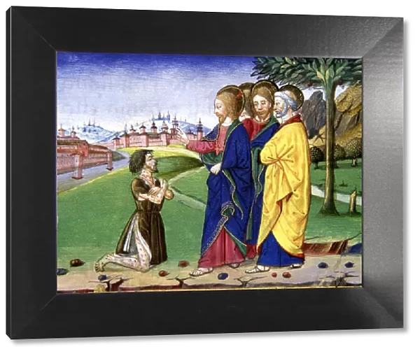 A leper approaches Jesus and asks him to cure the illness: Jesus agrees, miniature
