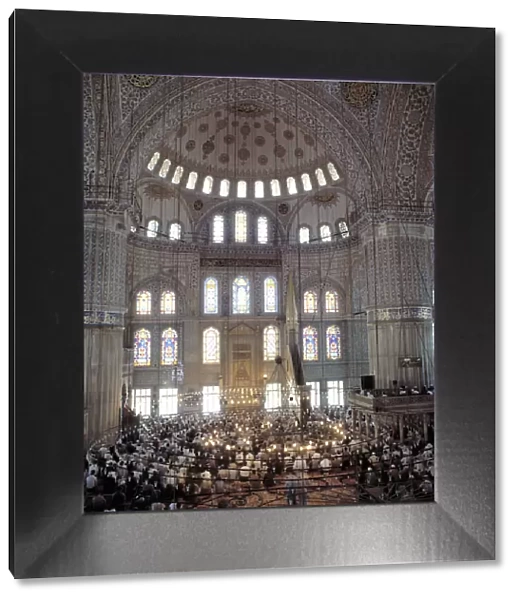 Interior view of the Blue Mosque in Istanbul during Friday prayers