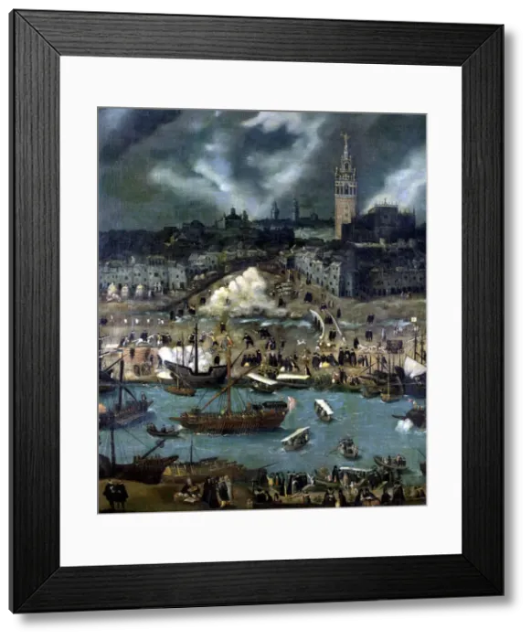 Framed Print : View of Seville, detail of the central part. Oil work by Sanchez Coello Framed Print : View of Seville, detail of the central part. Oil work by Sanchez Coello