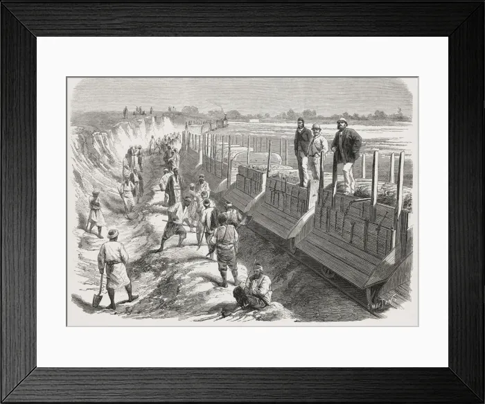 Framed Print : Construction of the Ismailieh fresh water canal, train for levelling the margin, Egypt Framed Print : Construction of the Ismailieh fresh water canal, train for levelling the margin, Egypt