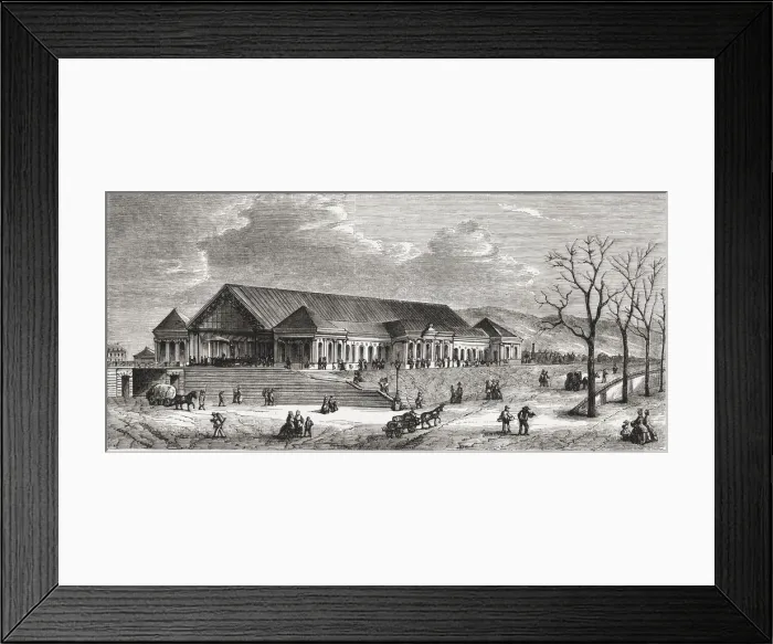Framed Print : Geneva Station in the railway line Lyon to Geneva, engraving from 1859 Framed Print : Geneva Station in the railway line Lyon to Geneva, engraving from 1859