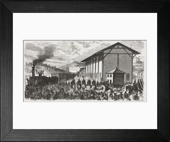 Framed Print : Journey of His Majesty King Alphonse XII to Valencia, train departure, engraving from 1875 Framed Print : Journey of His Majesty King Alphonse XII to Valencia, train departure, engraving from 1875