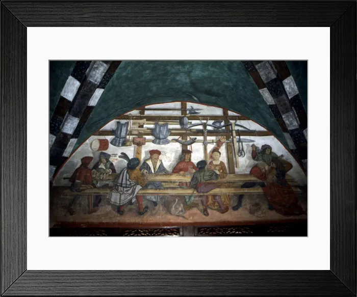 Framed Print : Issogne Castle, frescoes with scenes of the guard Framed Print : Issogne Castle, frescoes with scenes of the guard