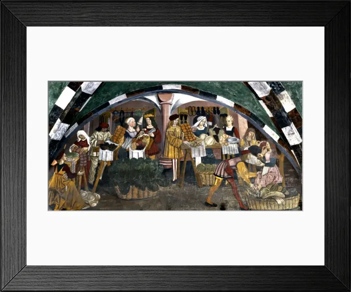 Framed Print : Issogne Castle, frescoes hall, market scenes Framed Print : Issogne Castle, frescoes hall, market scenes