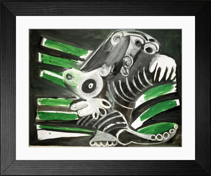 Framed Print : Mujer Sobre Fondo Negro Con Rayas Verdes Framed Print : Mujer Sobre Fondo Negro Con Rayas Verdes