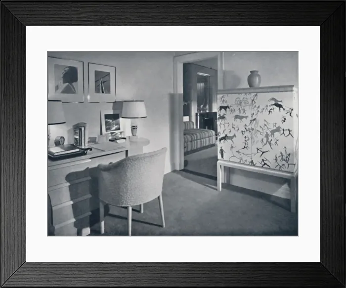 Framed Print : W. & J. Sloane. Photographers hobby room showing a desk in natural oak, a hand-woven Framed Print : W. & J. Sloane. Photographers hobby room showing a desk in natural oak, a hand-woven