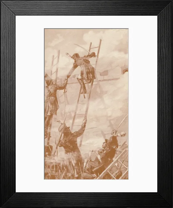 Framed Print : Marbot and Labedoyere Scaling the Wall at Ratisbon, 1809, (1896) Framed Print : Marbot and Labedoyere Scaling the Wall at Ratisbon, 1809, (1896)