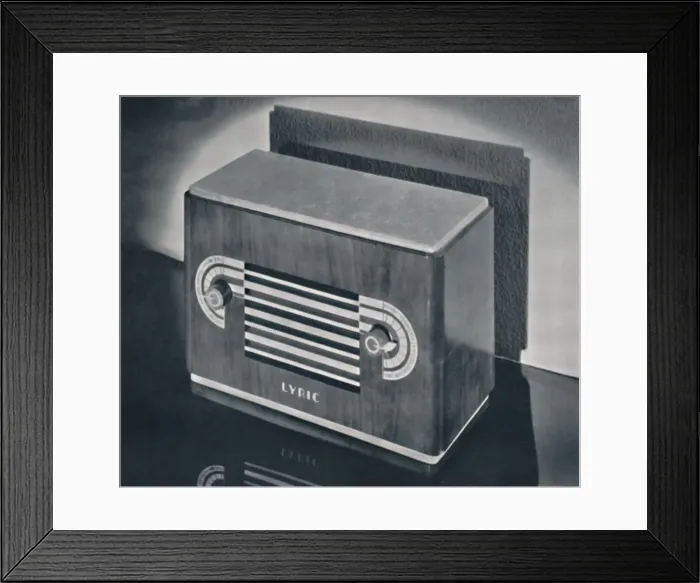 Framed Print : A midget radio cabinet in wood veneer, with aluminum grill and dials, 1935. Artist: Dana Merrill Framed Print : A midget radio cabinet in wood veneer, with aluminum grill and dials, 1935. Artist: Dana Merrill