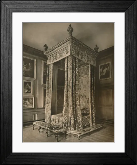 Framed Print : Queen Annes State Bedstead in Crimson and Gold Figured Velvet, 1927. Artists: Edward F Strange Framed Print : Queen Annes State Bedstead in Crimson and Gold Figured Velvet, 1927. Artists: Edward F Strange