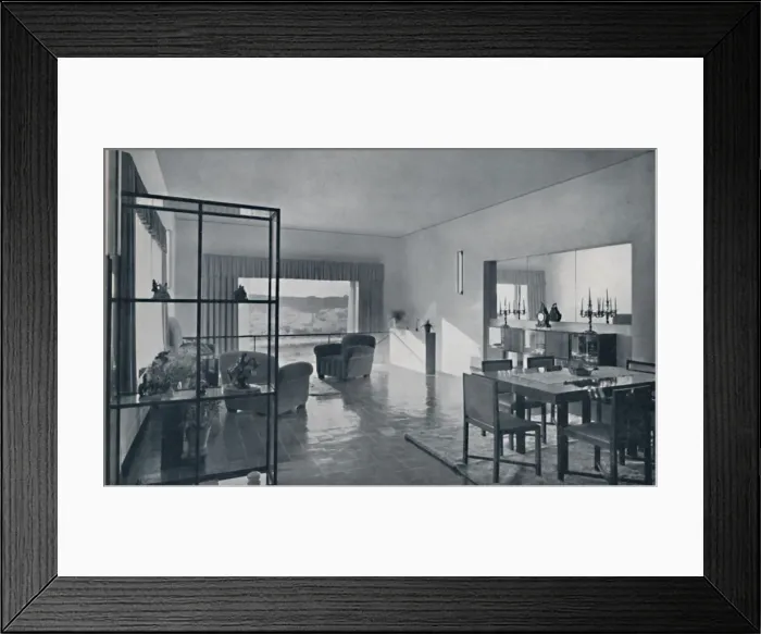 Framed Print : Paniconi and Pediconi. A dining room with a large window and curtains designed to Framed Print : Paniconi and Pediconi. A dining room with a large window and curtains designed to