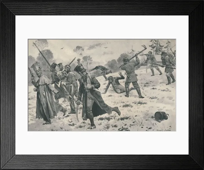 Framed Print : Russian Peasants Attacking French Stragglers, 1812, (1896) Framed Print : Russian Peasants Attacking French Stragglers, 1812, (1896)