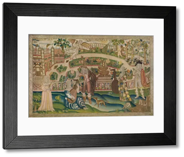 Framed Print : A Garden Scene - Petit-Point Picture of the Period of Charles I, early 17th century, (1928) Framed Print : A Garden Scene - Petit-Point Picture of the Period of Charles I, early 17th century, (1928)