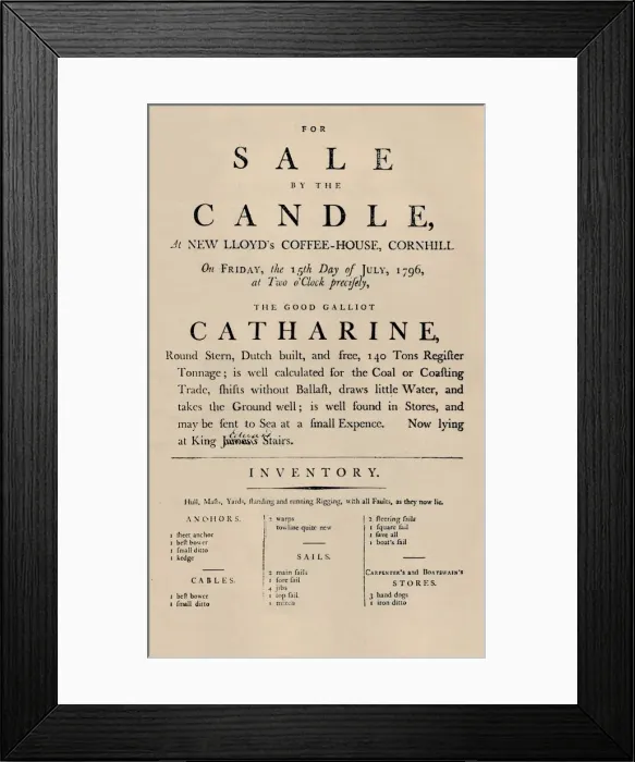 Framed Print : Advertisement of Sale by Candle at Lloyds, 1796, (1928) Framed Print : Advertisement of Sale by Candle at Lloyds, 1796, (1928)