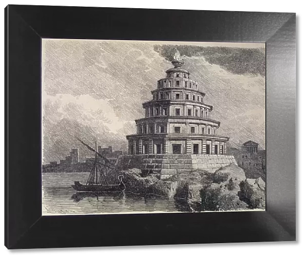 The Lighthouse of Alexandria in the port of the city, German engraving from 1886