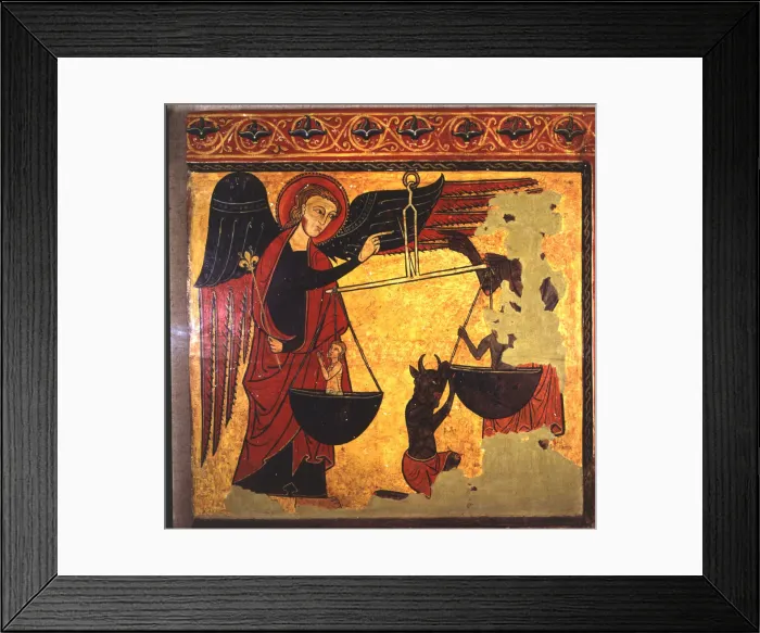Framed Print : Saint Michael weighing souls and demon trying to appropriate them. Painting on wood Framed Print : Saint Michael weighing souls and demon trying to appropriate them. Painting on wood