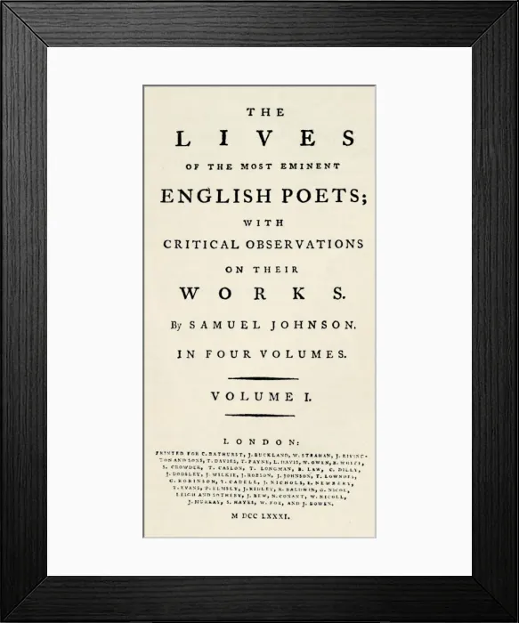 Framed Print : Facsimile title-page (reduced) of Johnsons Lives of the Poets - as re-issued in separate form Framed Print : Facsimile title-page (reduced) of Johnsons Lives of the Poets - as re-issued in separate form