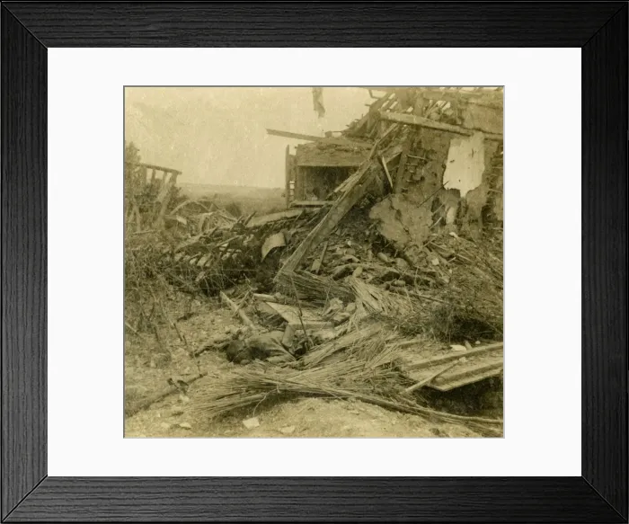 Framed Print : Bombed out building, body of dead soldier in foreground, 1916 Framed Print : Bombed out building, body of dead soldier in foreground, 1916