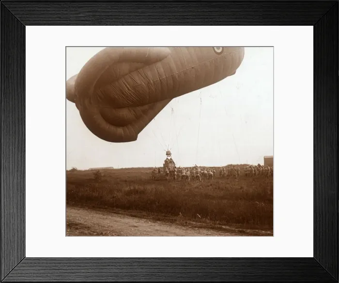 Framed Print : Raising of barrage balloon with basket for observation, c1914-c1918 Framed Print : Raising of barrage balloon with basket for observation, c1914-c1918