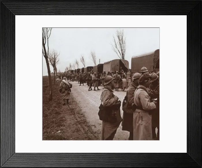 Framed Print : Soldiers and column of trucks on the Voie Sacree, Verdun, northern France, c1914-c1918 Framed Print : Soldiers and column of trucks on the Voie Sacree, Verdun, northern France, c1914-c1918