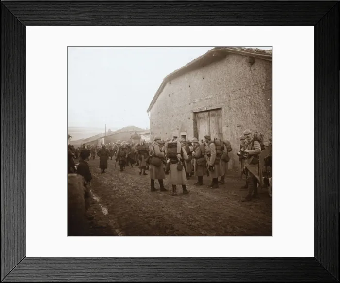 Framed Print : Troops with packs on backs, Somme, northern France, c1914-c1918 Framed Print : Troops with packs on backs, Somme, northern France, c1914-c1918