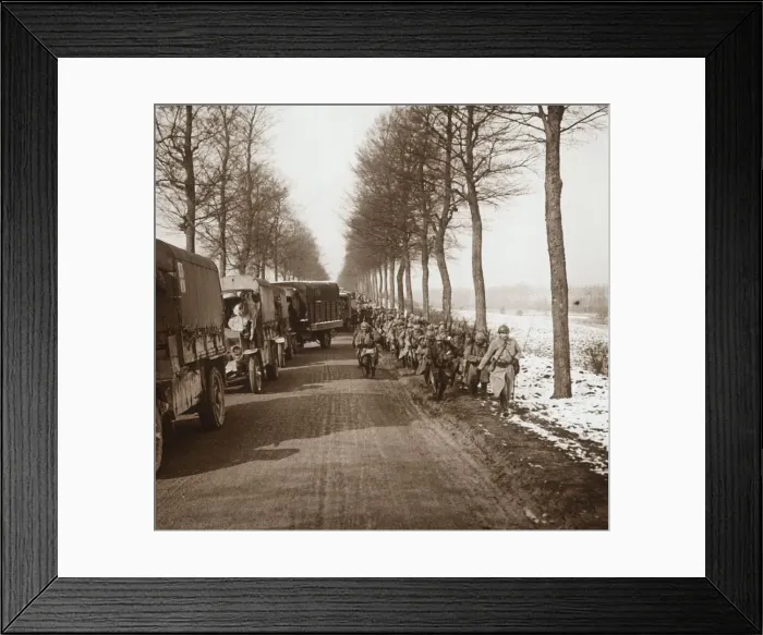 Framed Print : Column of trucks and troops, Somme-Tourbe, northern France, c1914-c1918 Framed Print : Column of trucks and troops, Somme-Tourbe, northern France, c1914-c1918