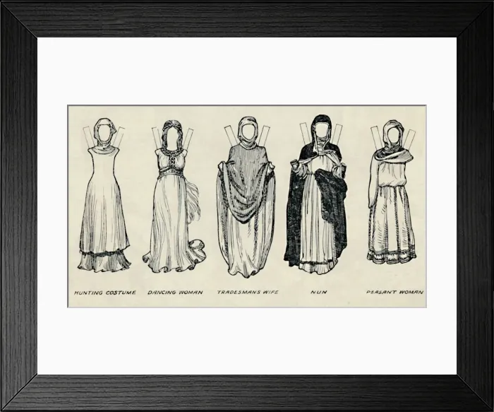 Framed Print : The Gallery of British Costume: Types of Dress in Early Plantagenet Times, c1934 Framed Print : The Gallery of British Costume: Types of Dress in Early Plantagenet Times, c1934