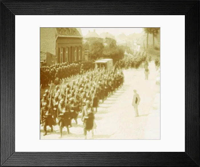 Framed Print : Troops marching, Alveringem, Flanders, Belgium, c1914-c1918 Framed Print : Troops marching, Alveringem, Flanders, Belgium, c1914-c1918
