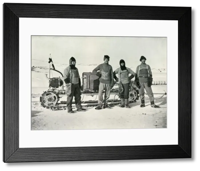 Framed Print : The Motor Party (Left to right - Lashly, B. C. Day, Lieut. Evans, Hooper), October 1911, (1913) Framed Print : The Motor Party (Left to right - Lashly, B. C. Day, Lieut. Evans, Hooper), October 1911, (1913)