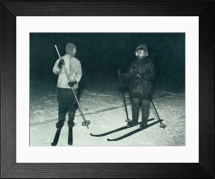 Framed Print : Oates and Meares Out Ski-Ing in the Night, c1911, (1913). Artist: Herbert Ponting Framed Print : Oates and Meares Out Ski-Ing in the Night, c1911, (1913). Artist: Herbert Ponting