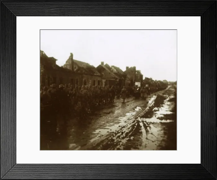 Framed Print : Soldiers marching past bombed-out houses, Champagne, northern France, c1914-c1918 Framed Print : Soldiers marching past bombed-out houses, Champagne, northern France, c1914-c1918