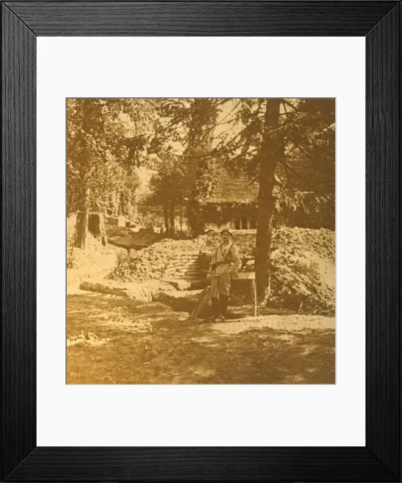 Framed Print : Soldier outside trench, Bois des Loges, northern France, c1914-c1918 Framed Print : Soldier outside trench, Bois des Loges, northern France, c1914-c1918