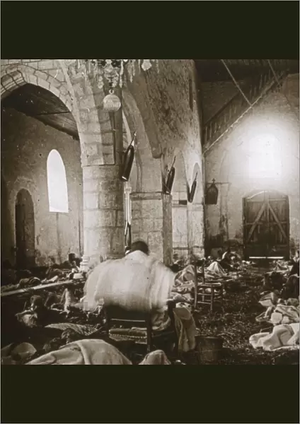 Makeshift hospital in a church, Marne, northern France, 1914
