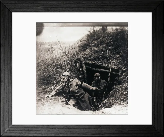 Framed Print : Soldiers in gas masks emerging from trenches, c1914-c1918 Framed Print : Soldiers in gas masks emerging from trenches, c1914-c1918