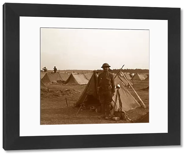 Soldier standing by tent, American camp, Melette, France, c1914-c1918