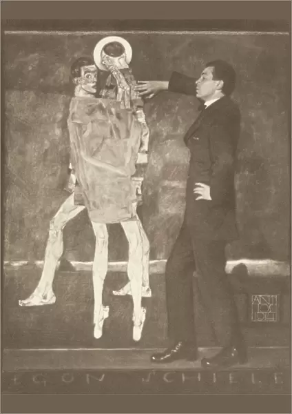 Egon Schiele by the sketch of an unfinished fresco, 1914