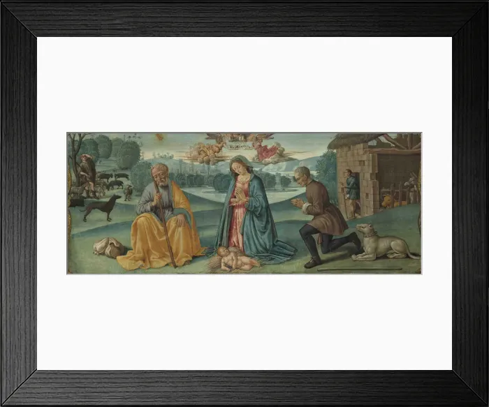 Framed Print : The Adoration of the Shepherds with Filippo Strozzi (predella of the Lecceto Altarpiece), 1487-1488 Framed Print : The Adoration of the Shepherds with Filippo Strozzi (predella of the Lecceto Altarpiece), 1487-1488