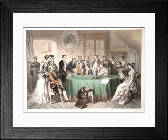 Framed Print : Allessandro Volta amazes Napoleon Bonaparte with his battery, c. 1850 Framed Print : Allessandro Volta amazes Napoleon Bonaparte with his battery, c. 1850
