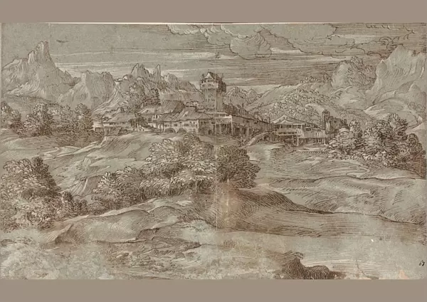 Mountain landscape with a village and a castle