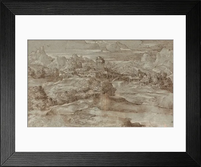 Framed Print : Mountain landscape with a village and a castle Framed Print : Mountain landscape with a village and a castle