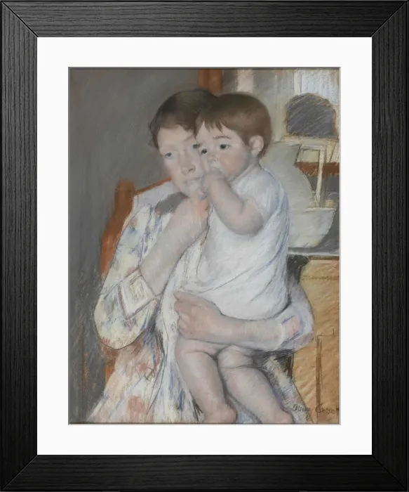 Framed Print : Femme et enfant devant une tablette ou sont poses un broc et une cuvette, c Framed Print : Femme et enfant devant une tablette ou sont poses un broc et une cuvette, c