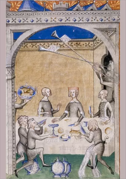 Miniature from Le Remede de Fortune by Guillaume de Machaut. Feast scene, 1355-1360