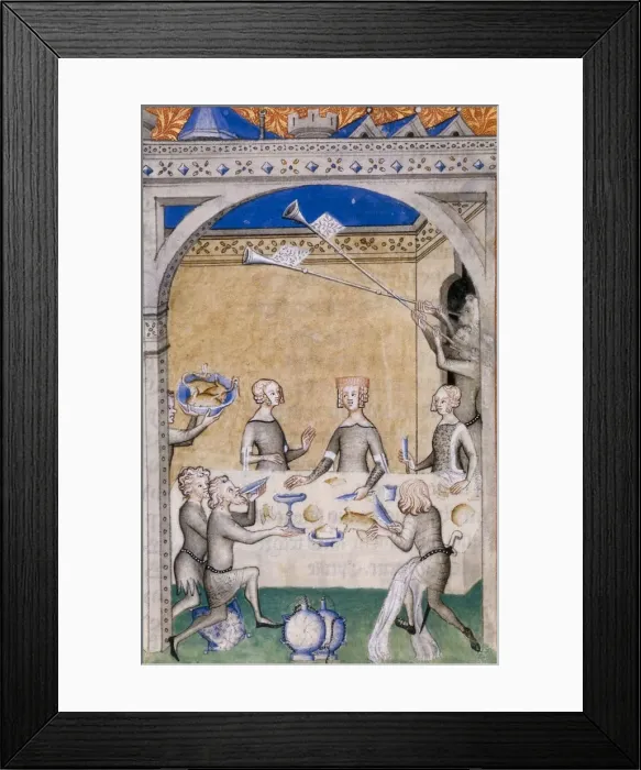 Framed Print : Miniature from Le Remede de Fortune by Guillaume de Machaut. Feast scene, 1355-1360 Framed Print : Miniature from Le Remede de Fortune by Guillaume de Machaut. Feast scene, 1355-1360