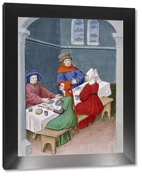 The meal. Miniature from The Decameron by Giovanni Boccaccio, 1432