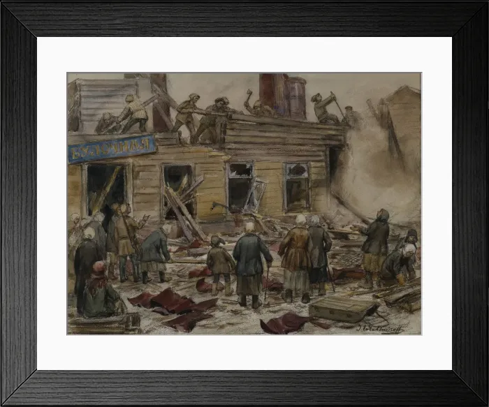 Framed Print : Workmen demolishing wooden houses for fuel, 1920 Framed Print : Workmen demolishing wooden houses for fuel, 1920