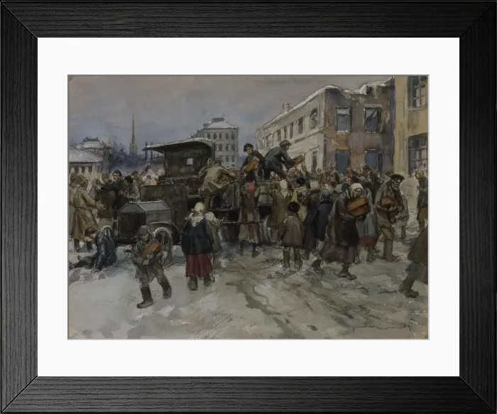 Framed Print : Hungry workmen in Petrograd robbing a military lorry of bread, 1920