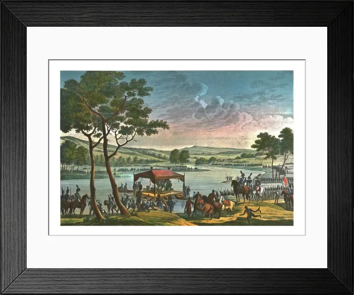 Framed Print : Meeting of the two Emperors, 25 June 1807, (c1850). Artist: Francois-Louis Couché Framed Print : Meeting of the two Emperors, 25 June 1807, (c1850). Artist: Francois-Louis Couché