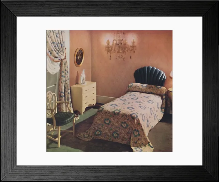 Framed Print : A Vantona Court bedcover gives a luxurious note to this bedroom, 1942 Framed Print : A Vantona Court bedcover gives a luxurious note to this bedroom, 1942