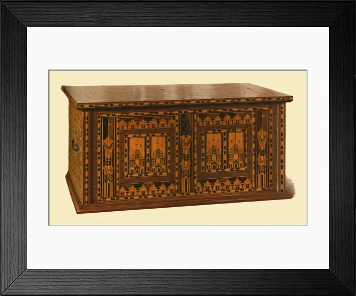 Framed Print : Oak inlaid Nonsuch chest, 1904. Artist: Shirley Slocombe