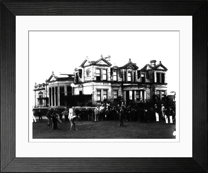 Framed Print : Old Tom Morris outside the Old Course Clubhouse at St Andrews in Scotland, c1900